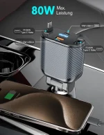 80W high power fast charging OHLPRO 4-in-1 retractable car charger