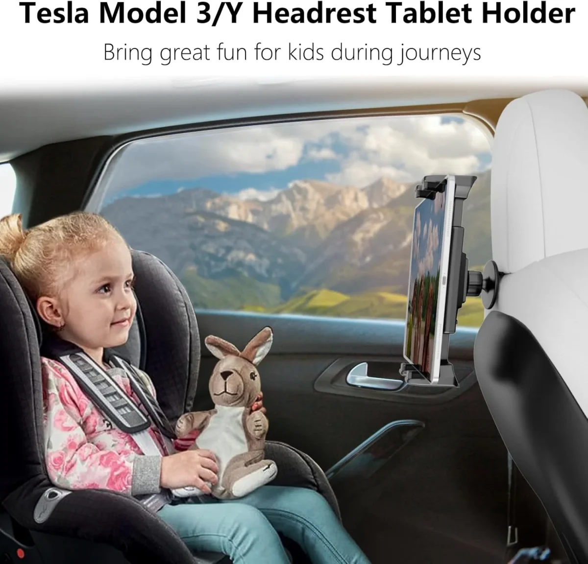 Back seat tablet holder for kids during long road trips in Tesla