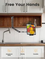 Aluminum tablet wall mount installed in kitchen for recipe viewing