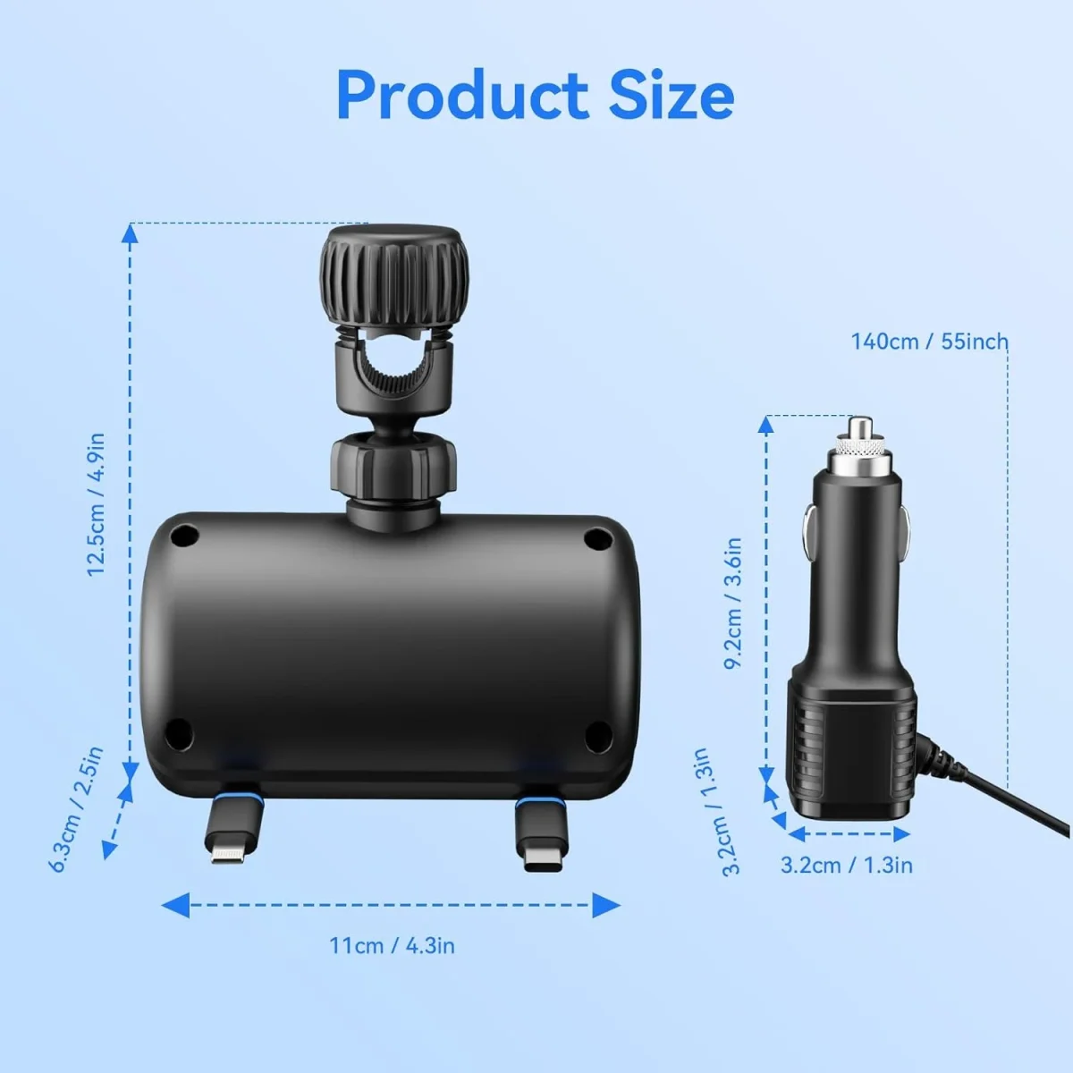 140W backseat car charger station product dimensions, compact size fits most vehicle headrest poles