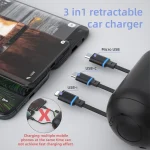 3 in 1 retractable car charger with USB-C, Lightning and Micro USB cables for backseat
