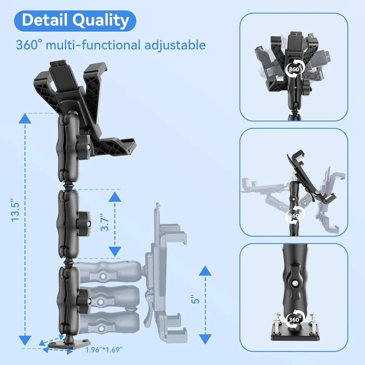 360 degree fully adjustable tablet mount, perfect for any viewing angle
