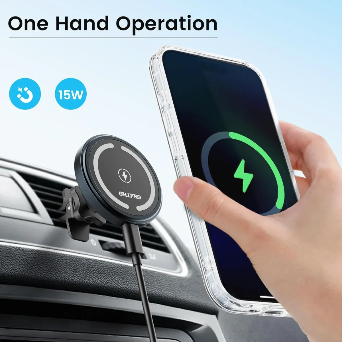 MagSafe car charger mounted on car air vent, space-saving design
