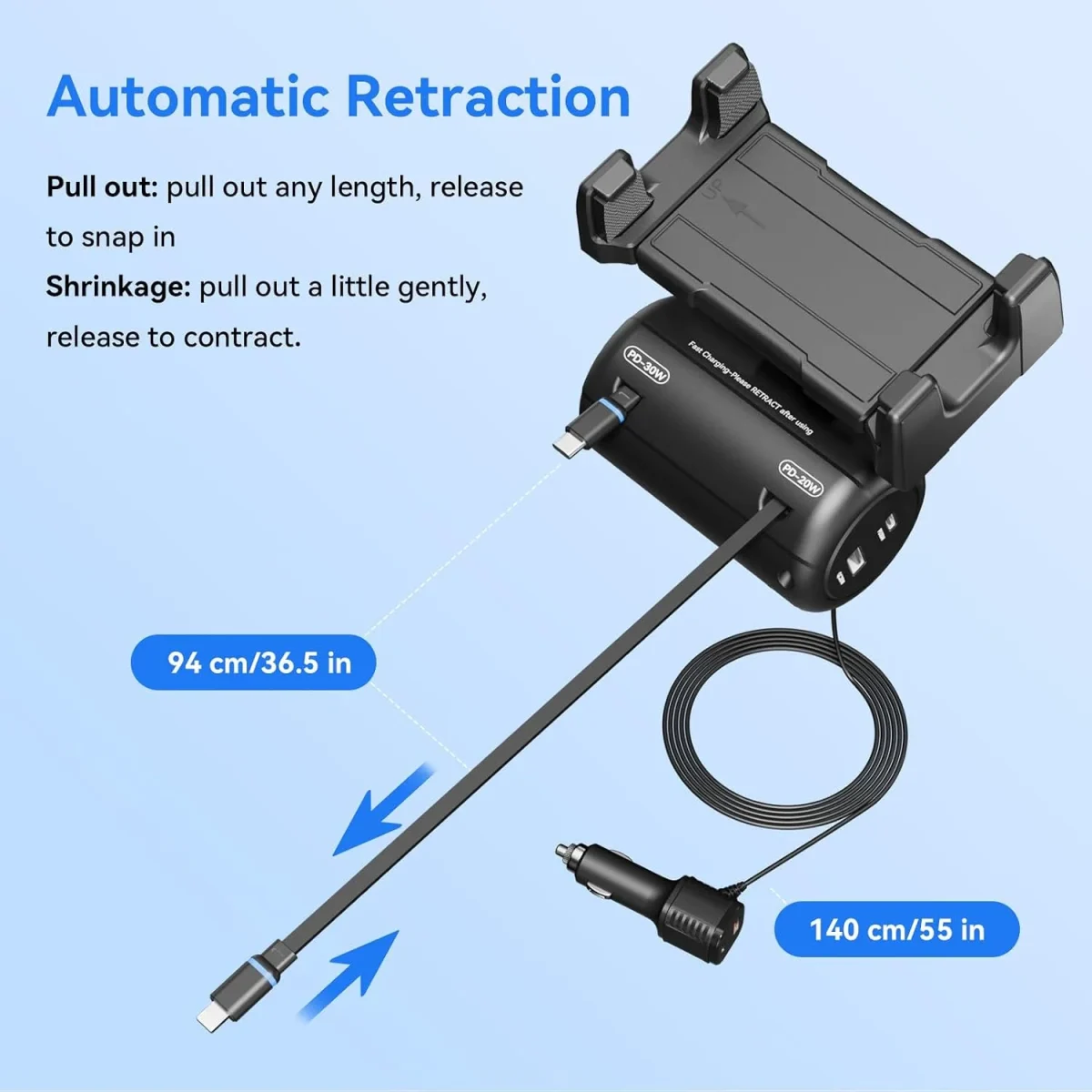 Auto retractable backseat car charger cables, 100W 5-in-1 charging station with smooth tangle-free retract mechanism