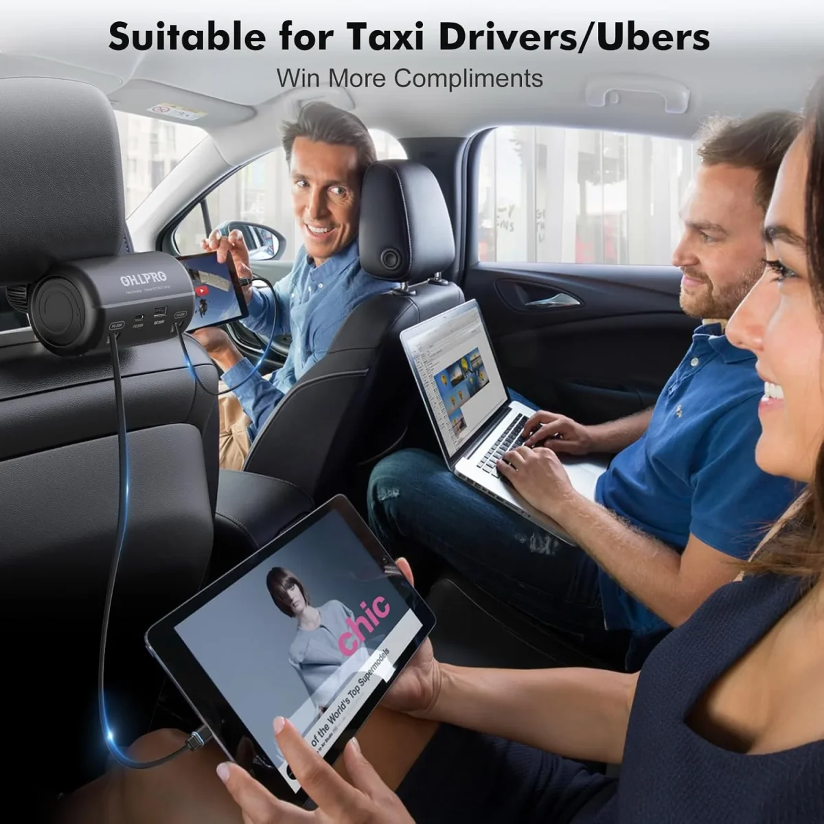 Backseat car charging station for taxi drivers and Uber rideshare, improves passenger experience and ride ratings