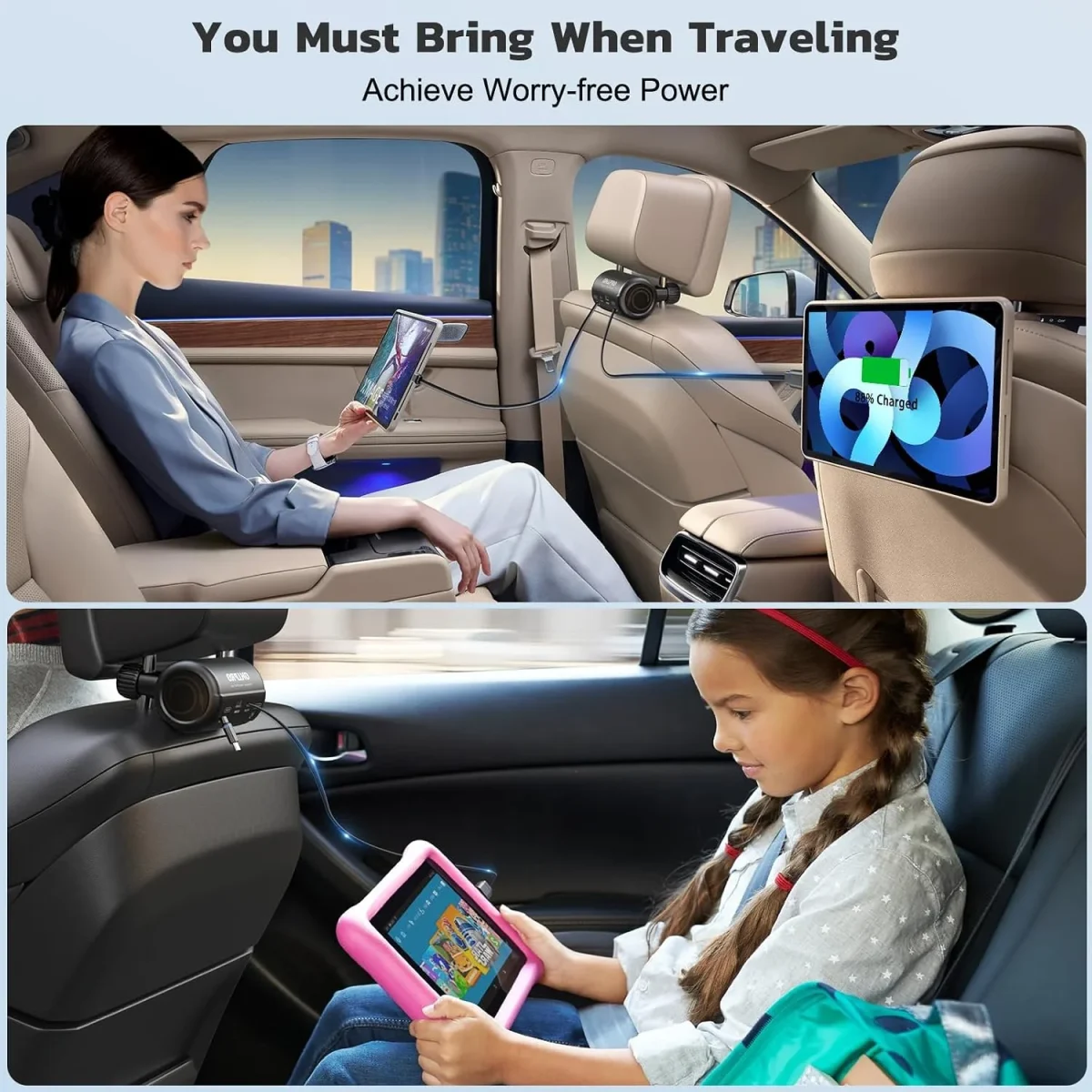 Backseat car charging station installed in Uber rear seat, convenient charging for rideshare passengers