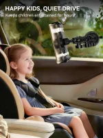 Long arm car tablet mount keeps kids entertained with iPad viewing in backseat