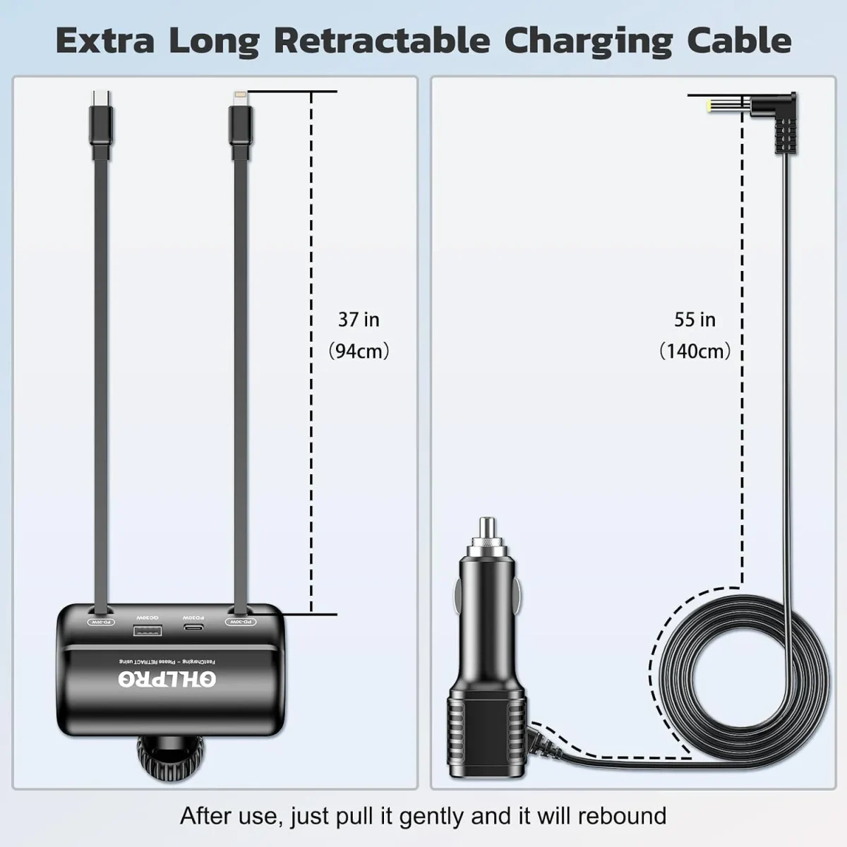 Extra long retractable car charger cable, extended reach covers both rear seats for all passengers