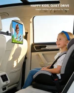 Headrest tablet holder installed on car backseat, kids watching tablet during road trip