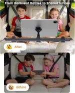 Car backseat before and after installing headrest tablet holder, comparison showing kids road trip entertainment solution