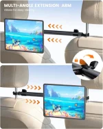 Headrest tablet holder with multi-angle extendable aluminum bar, 360 rotation and 33 inch extension