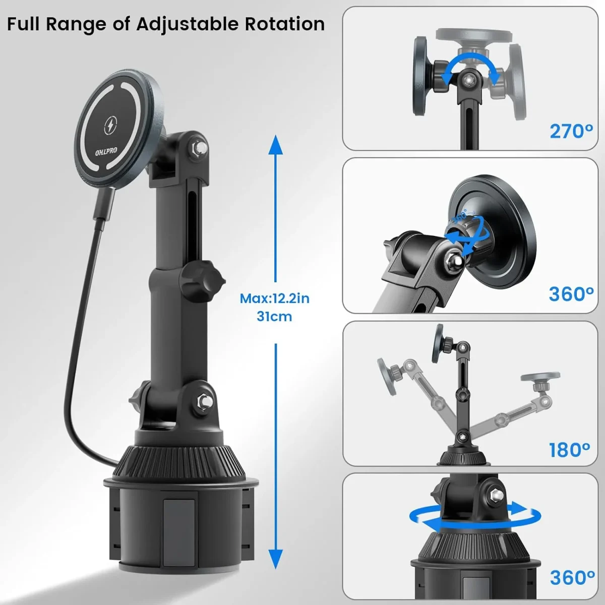 Magnetic cup holder phone mount with 360 degree rotation for iPhone 15