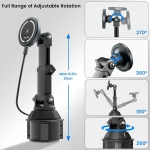 Magnetic cup holder phone mount with 360 degree rotation for iPhone 15