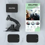 Magnetic tablet holder for car exploded view, showing suction cup base, extendable arm and magnetic mount