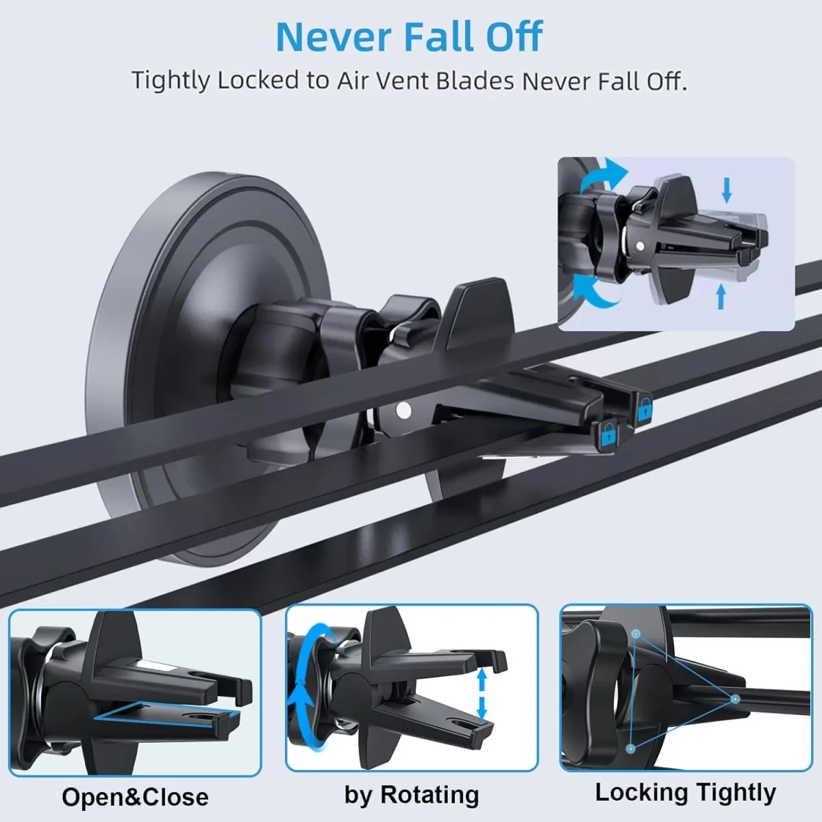 Strong magnetic force & firm base design, MagSafe car charger mount stays fixed firmly and never falls off on bumpy roads