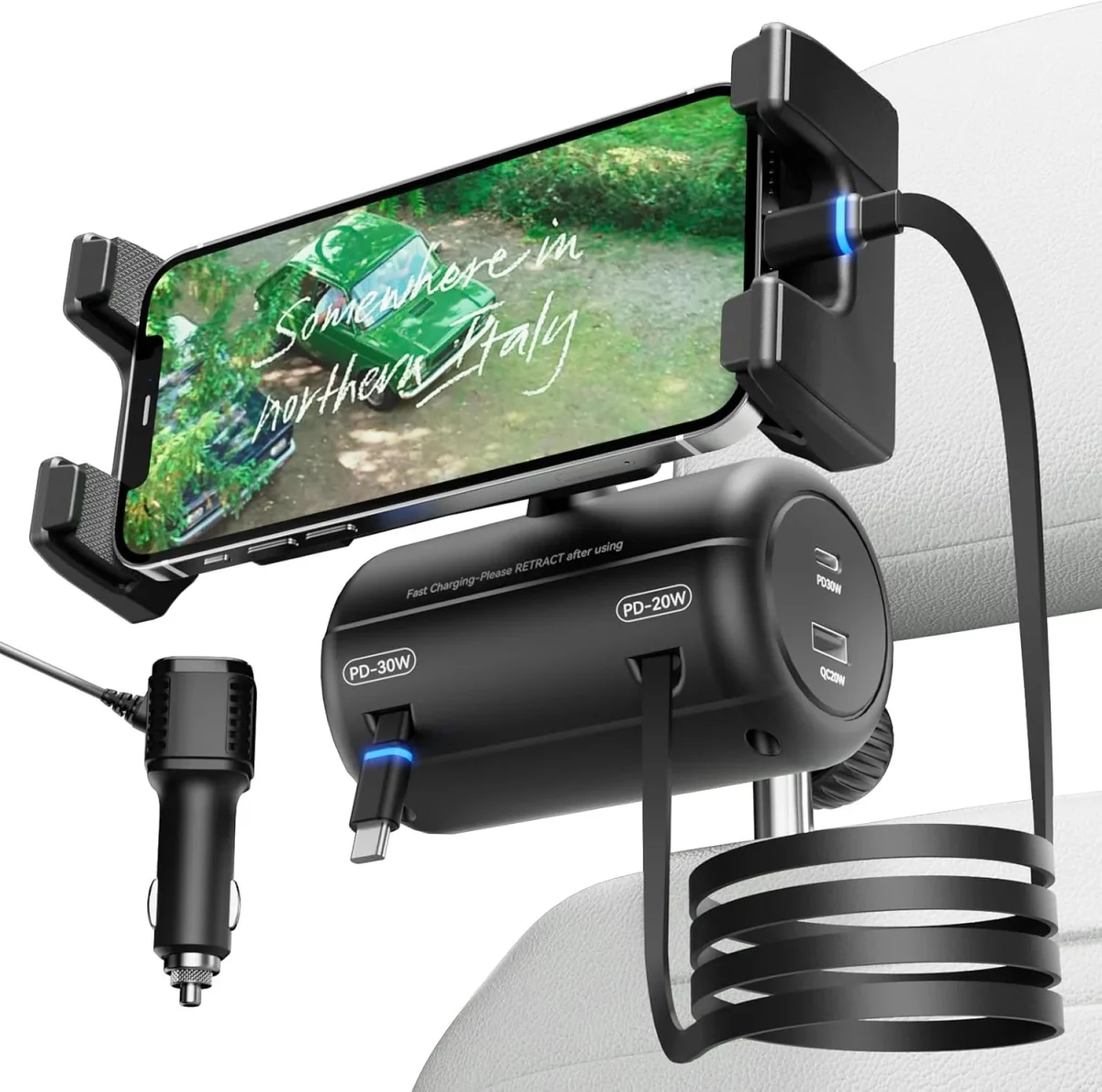 OHLPRO 140W retractable backseat car charger station, 5-in-1 headrest charging box with 140 watts total power output