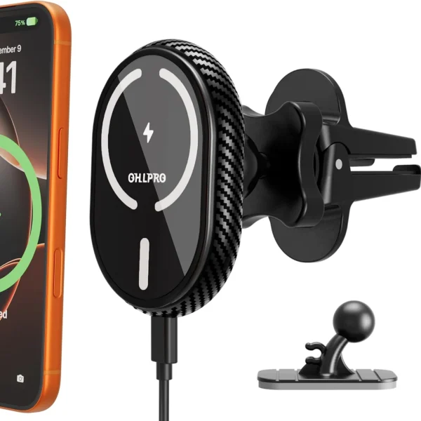 OHLPRO MagSafe Car Mount Charger for iPhone 17, 15W fast charging with 3M adhesive base and vent clip