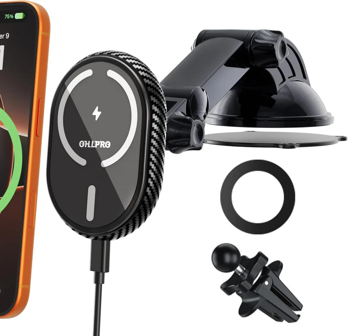 ohlpro-magsafe-car-mount-charger-iphone17-main OHLPRO MagSafe Car Mount Charger for iPhone 17, 15W fast wireless charging with extendable arm