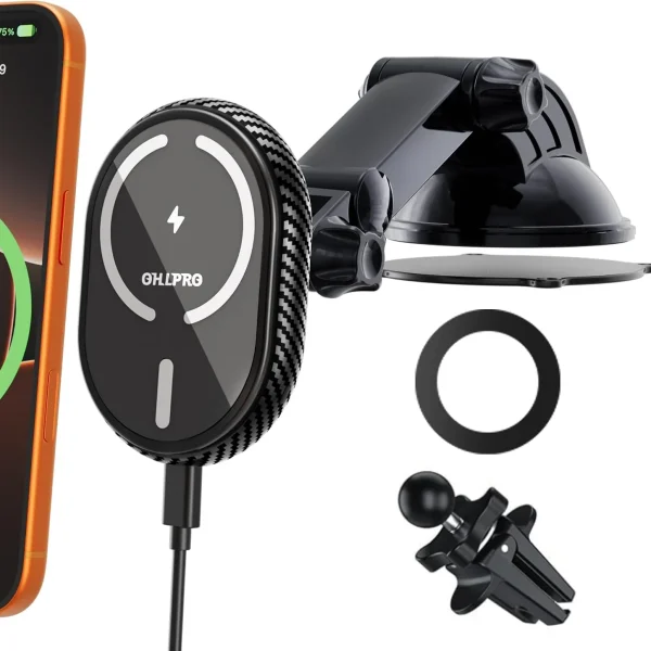 OHLPRO MagSafe Car Mount Charger for iPhone 17, 15W fast wireless charging with extendable arm