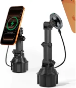 MagSafe cup holder car charger installed in car cup holder with iPhone 16