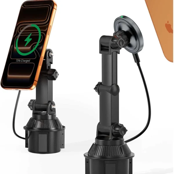 MagSafe cup holder car charger installed in car cup holder with iPhone 16