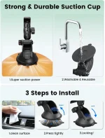 OHLPRO suction cup tablet mount step-by-step installation guide, tool-free setup in 30 seconds, easy to install and remove between vehicles and surfaces