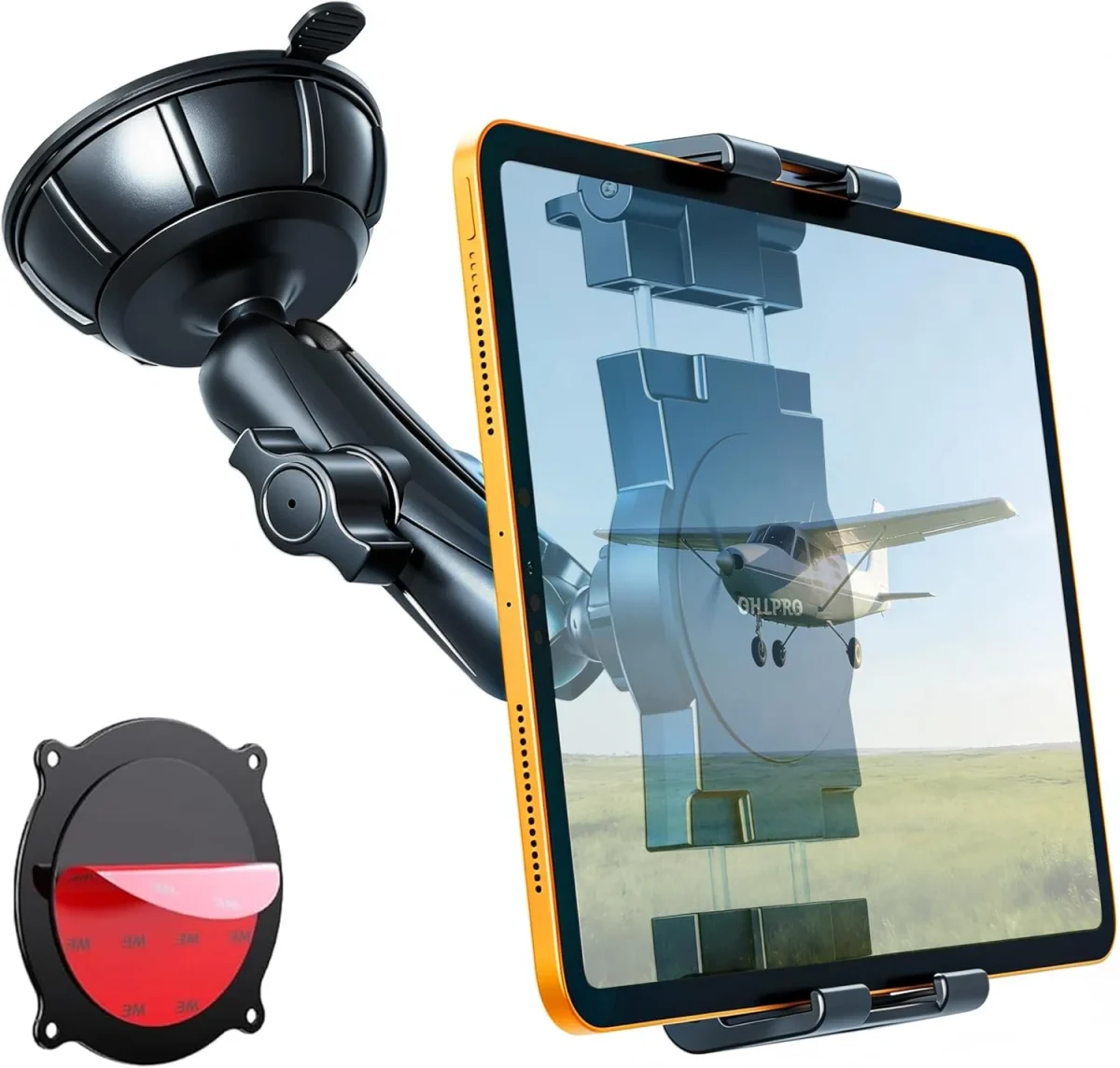 Anti-vibration pilot suction cup tablet mount installed in aircraft cockpit for iPad