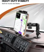 Heavy duty tablet mount installed on semi truck dashboard for GPS navigation