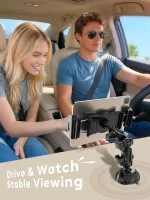 Heavy duty tablet mount attached to SUV windshield for long road trips