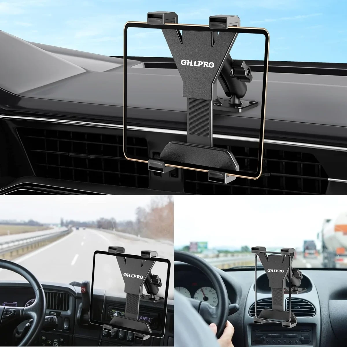 Tablet holder for truck used in multiple car scenes, dashboard mount for work trucks and commercial vehicles