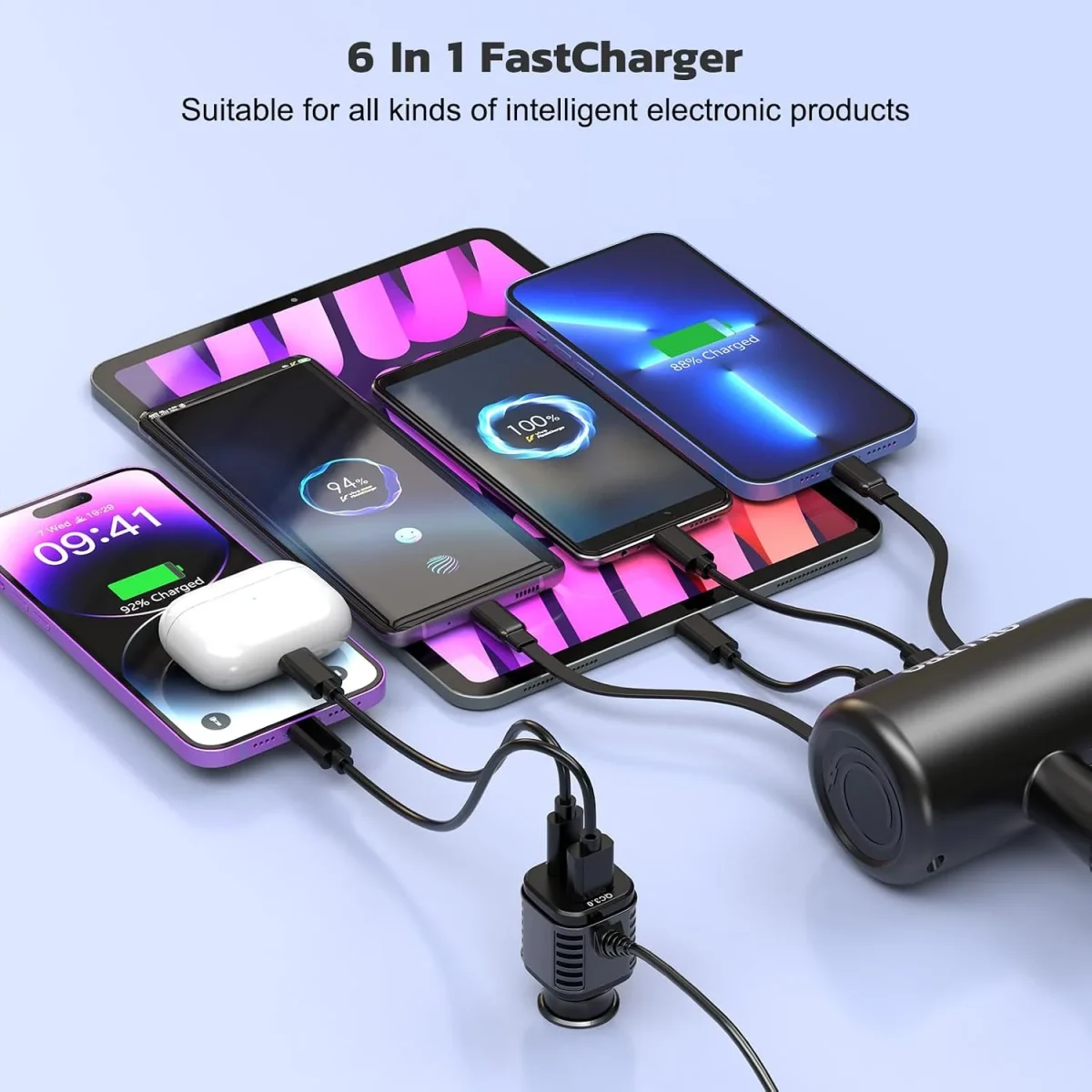 Universal backseat car charger compatible with iPhone Samsung Google Pixel, multi-device simultaneous charging