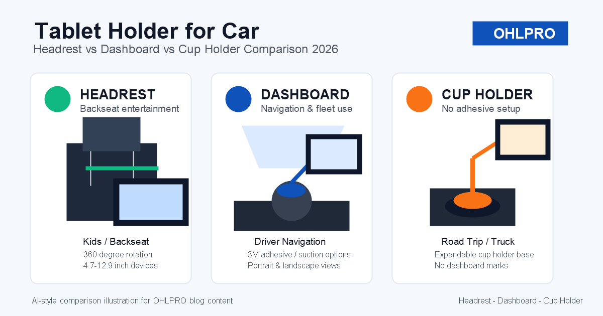 Tablet holder for car comparison showing OHLPRO headrest dashboard and cup holder mounting options for iPad and tablets